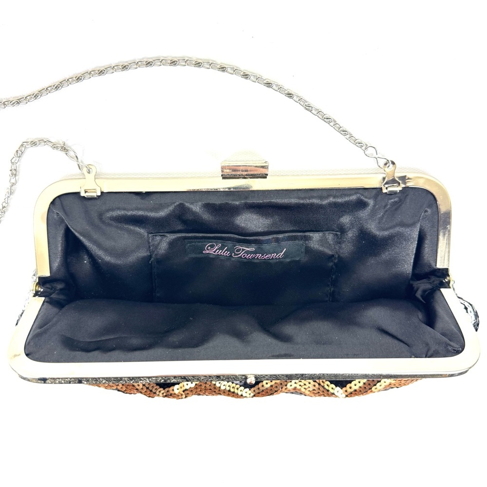 Lulu Townsend chevron sequined clutch w silver chain. Black white navy & bronze - Picture 11 of 11